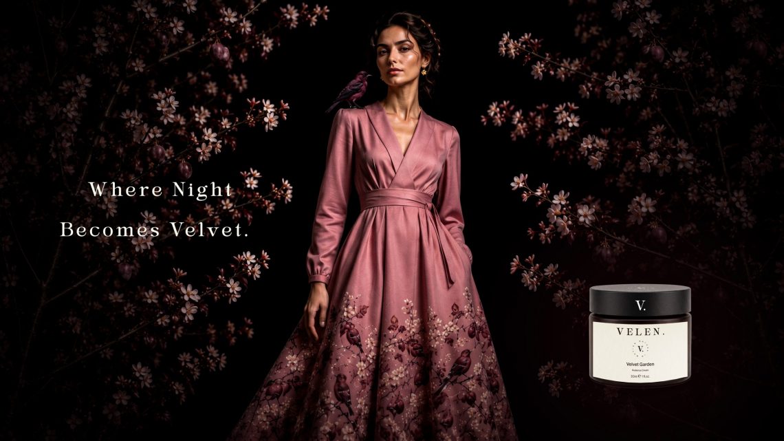 Campagne publicitaire Velvet Garden de la marque VELEN. mettant en scène l'univers du produit à travers une direction artistique inspirée des fleurs de prunier et de la nuit