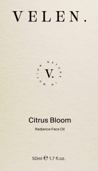 Design d'étiquette minimaliste Citrus Bloom conçu pour l'huile visage de la marque cosmétique premium VELEN.