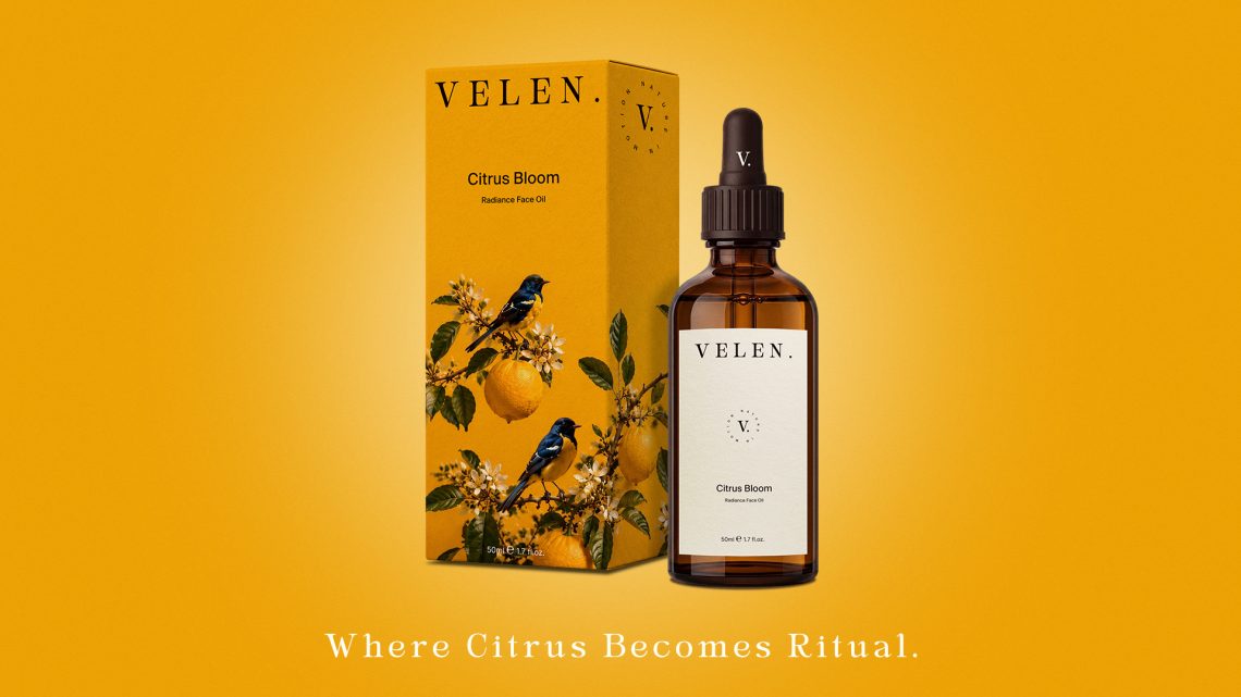 Packshot publicitaire Citrus Bloom associant packaging cosmétique premium et signature de marque Nature in Motion
