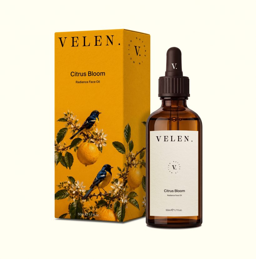 Packaging cosmétique éco-responsable Citrus Bloom de la marque VELEN. comprenant un flacon d'huile visage et un étui illustré inspiré du citronnier