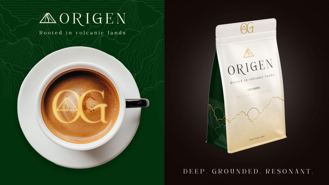 Emballage café Colombie ORIGEN avec tasse de café et univers graphique vert inspiré des terres volcaniques