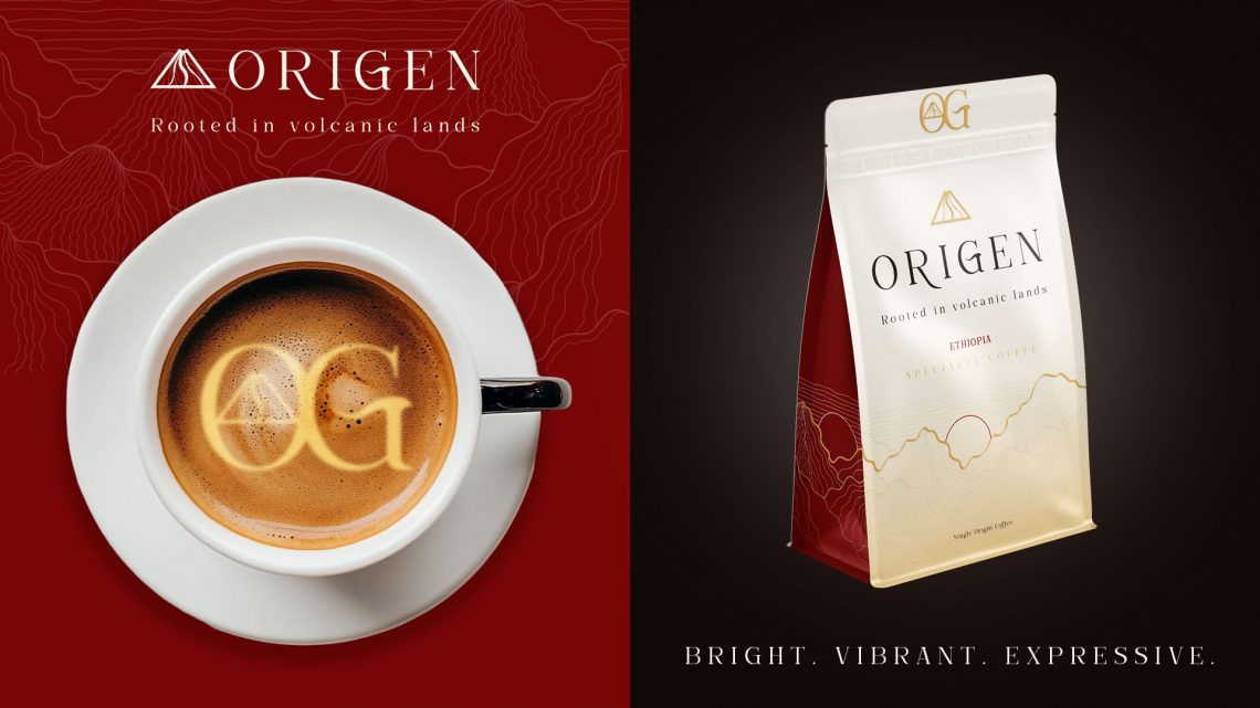 Emballage café Éthiopie ORIGEN avec tasse de café et univers rouge expressif inspiré du terroir
