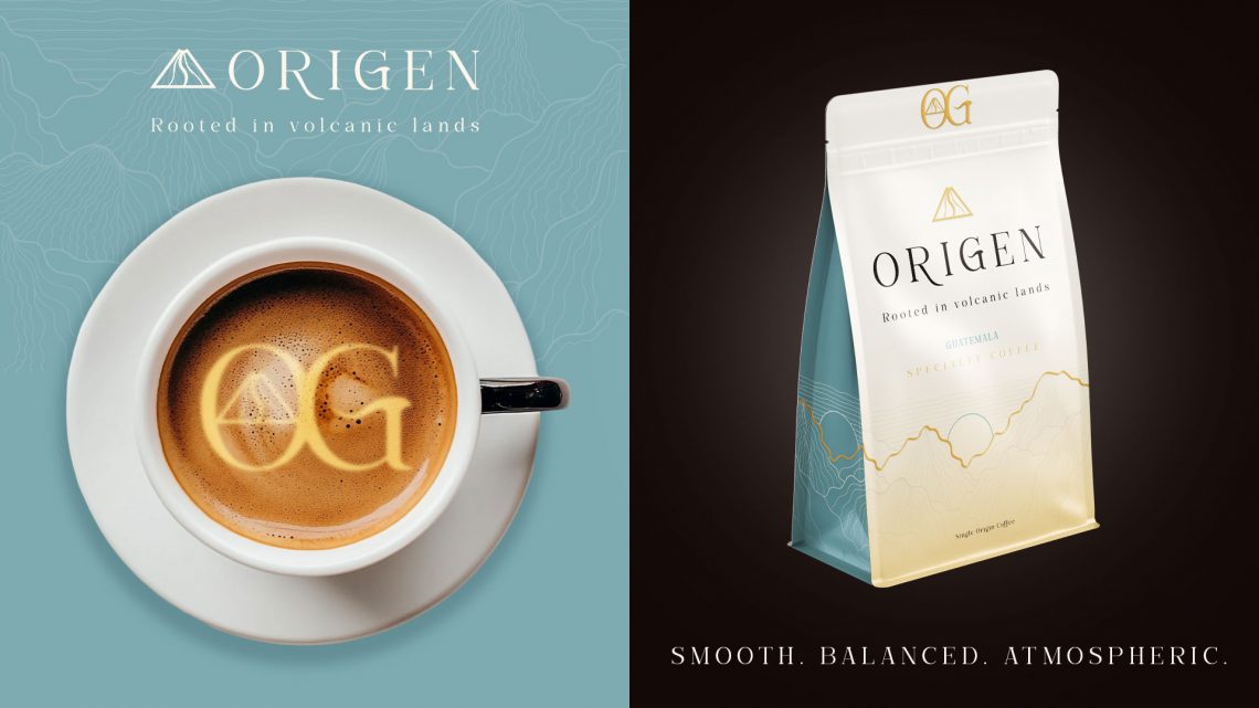 Emballage café Guatemala ORIGEN avec tasse et univers bleu atmosphérique inspiré des paysages volcaniques