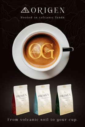 Emballage café ORIGEN avec gamme complète de trois packagings Guatemala Éthiopie et Colombie dans un univers sombre