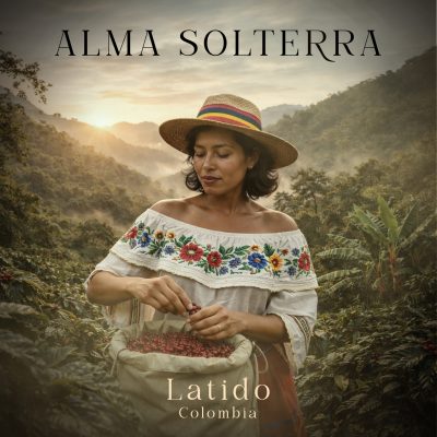 Cover musicale ORIGEN Alma Solterra Latido inspirée du café colombien avec univers visuel et packaging café