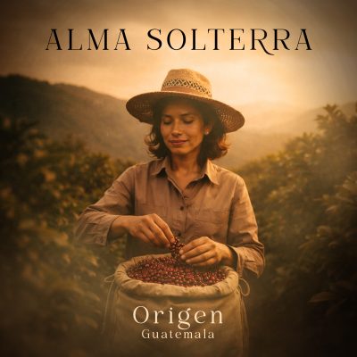 Cover musicale ORIGEN Alma Solterra Guatemala avec univers sensoriel et emballage café premium.