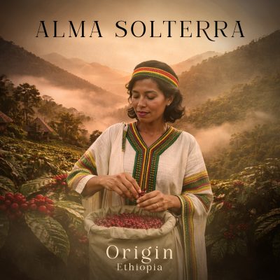 Cover musicale ORIGEN Alma Solterra Origin inspirée du café éthiopien avec direction artistique et emballage café.