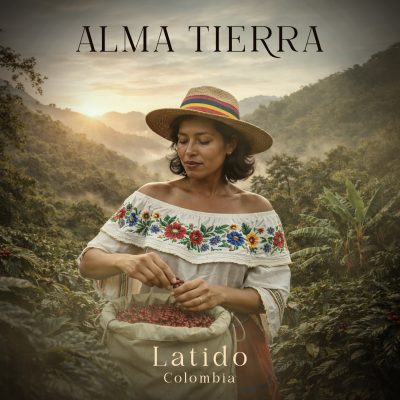 Cover musicale ORIGEN Alma Tierra Latido inspirée du café colombien avec univers visuel et packaging café