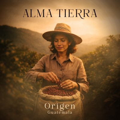 Cover musicale ORIGEN Alma Tierra Guatemala avec univers sensoriel et emballage café premium.