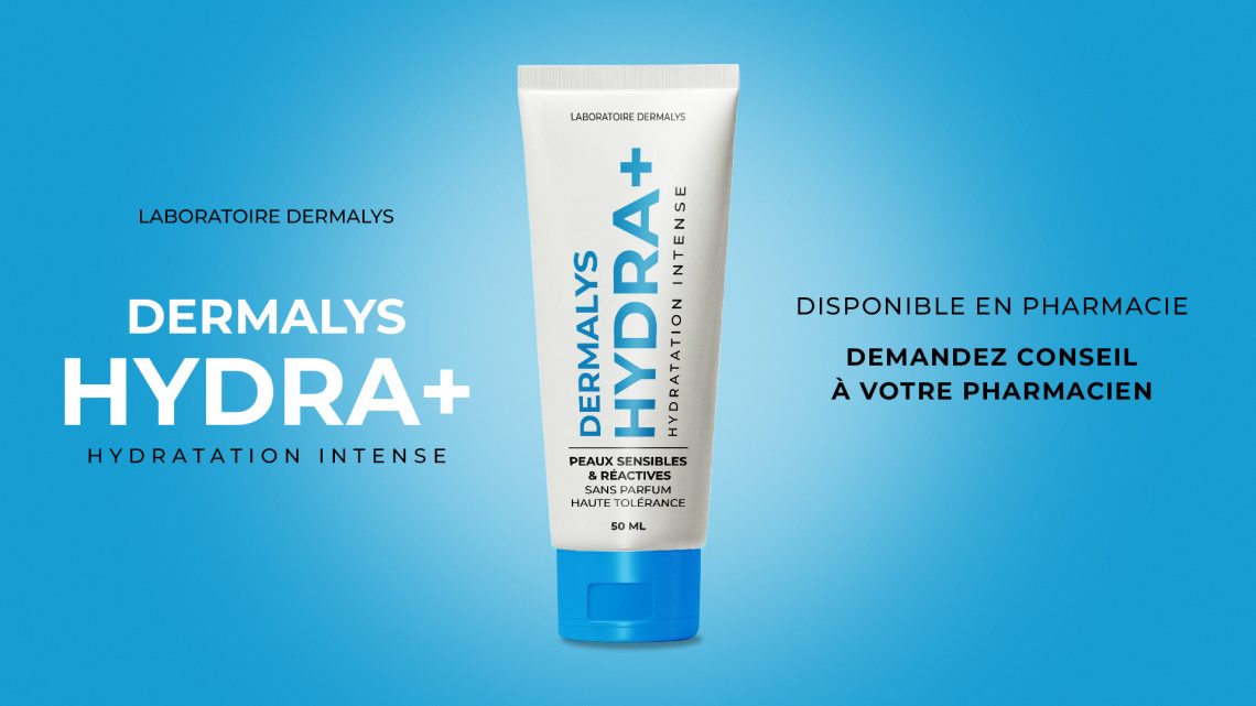 Packaging produit Dermalys Hydra+ avec visuel publicitaire et univers pharmacie, direction artistique et design packaging cosmétique
