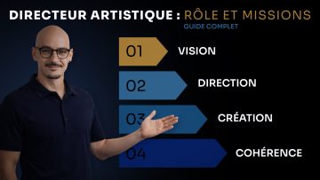 Schéma des missions d’un directeur artistique : vision, direction créative, création visuelle et cohérence de marque avec présentation du DA Loseou