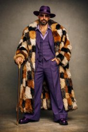 Personnage rétro années 70 généré par intelligence artificielle depuis un selfie, ambiance film studio et manteau en fourrure coloré