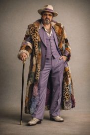 Personnage inspiré du cinéma des années 70 créé avec un prompt dalle, costume violet et manteau fourrure luxueux