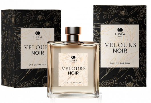 Packaging parfum luxe Velours Noir avec flacon en verre et coffrets haut de gamme noir et doré
