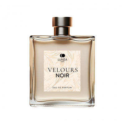 Flacon de parfum de luxe Velours Noir avec design élégant et étiquette premium minimaliste