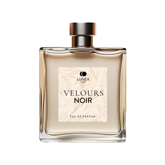 Flacon de parfum de luxe Velours Noir avec design élégant et étiquette premium minimaliste