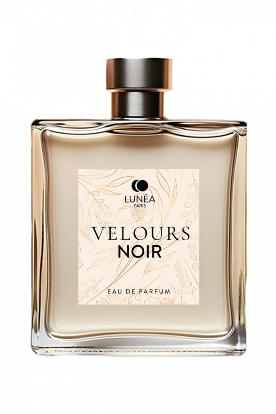 Flacon de parfum de luxe Velours Noir avec design élégant et étiquette premium minimaliste