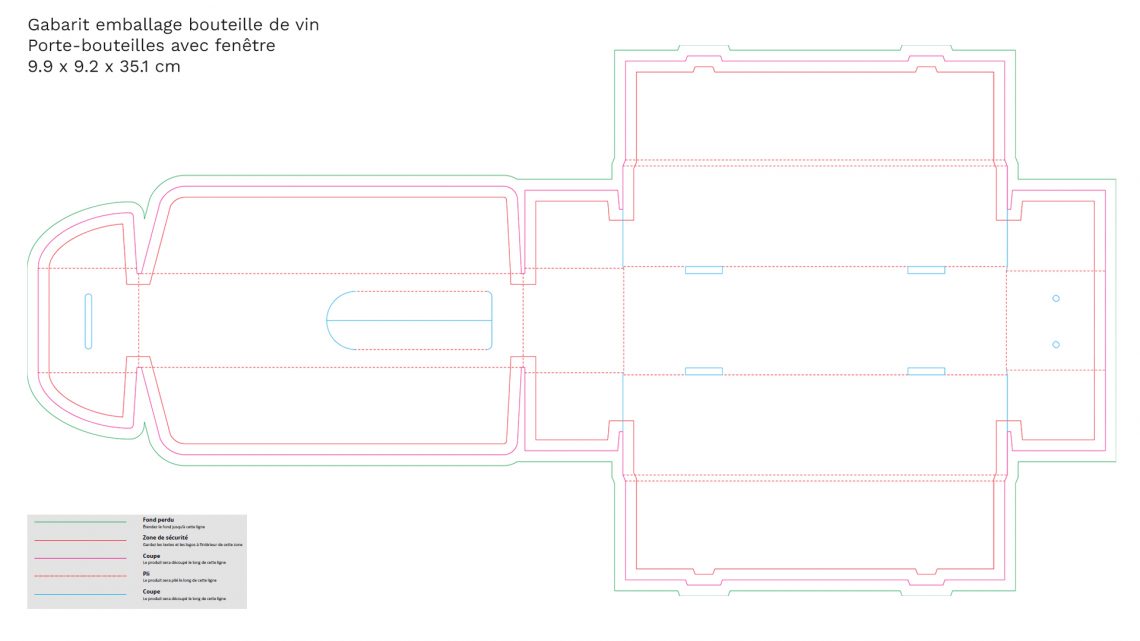 Gabarit d’emballage bouteille de vin avec étui carton à fenêtre et zones de découpe, utilisé pour concevoir un coffret sur mesure adapté au format de la bouteille.