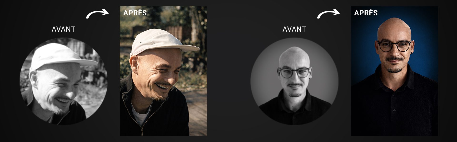 Avant / après : portrait noir et blanc colorisé, amélioré en HD/4K