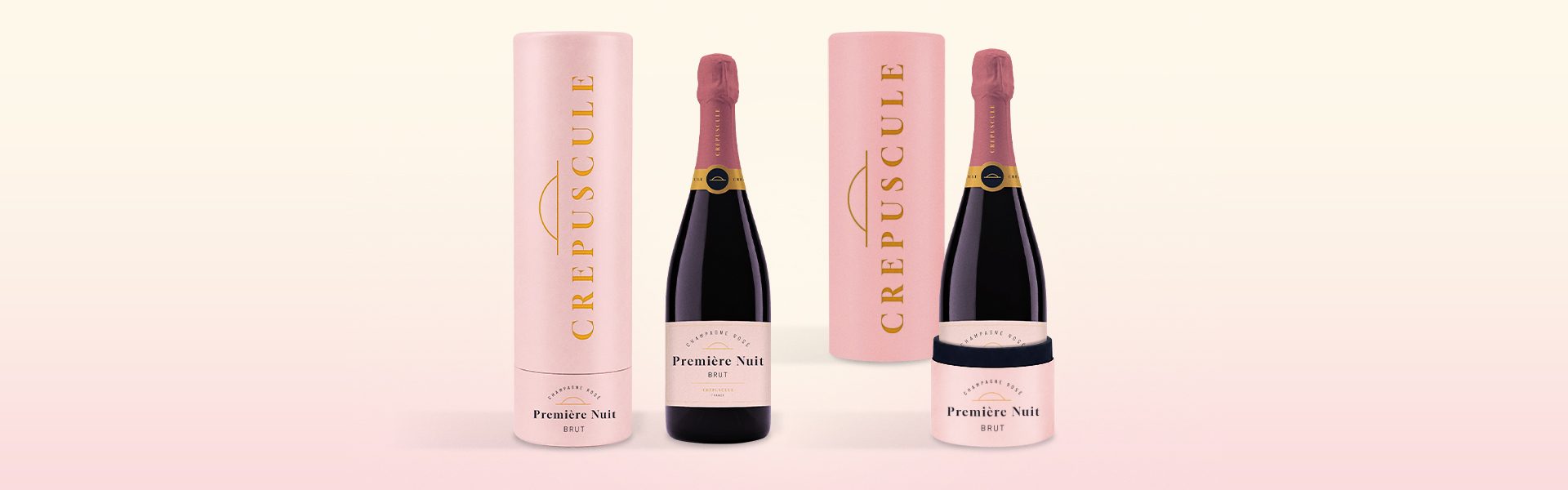 Coffret champagne premium rose Crépuscule avec bouteille Première Nuit et packaging cylindrique haut de gamme