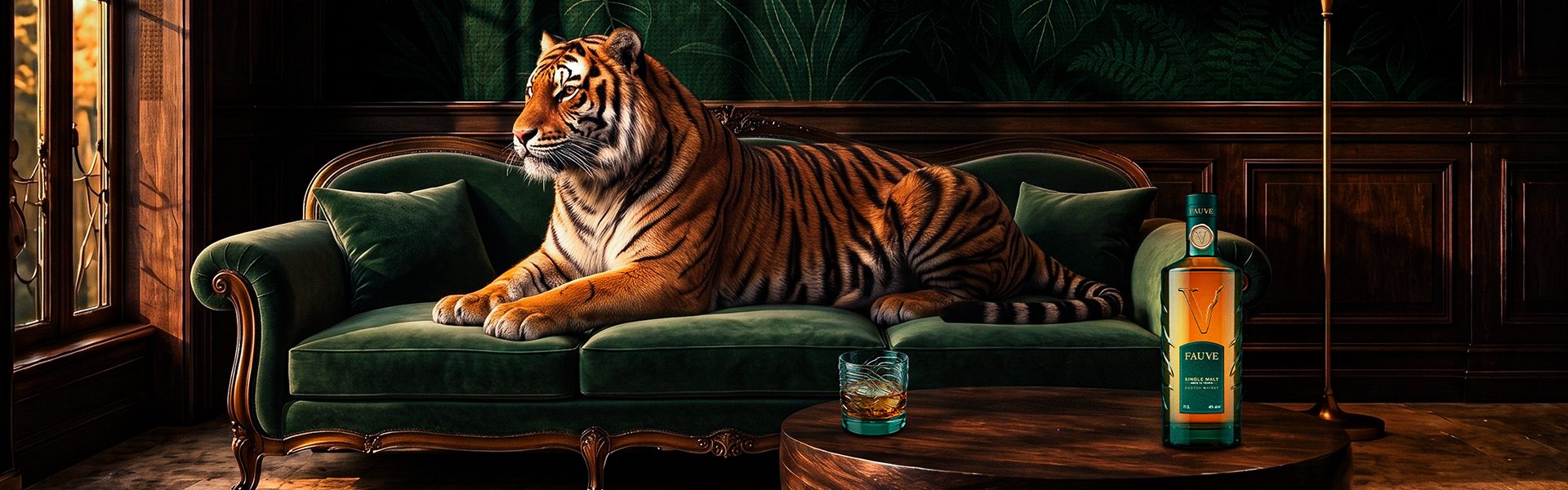 Univers de la marque FAUVE avec un tigre dans un salon Art déco, une bouteille de whisky single malt et un verre illustrant le projet de packaging whisky.