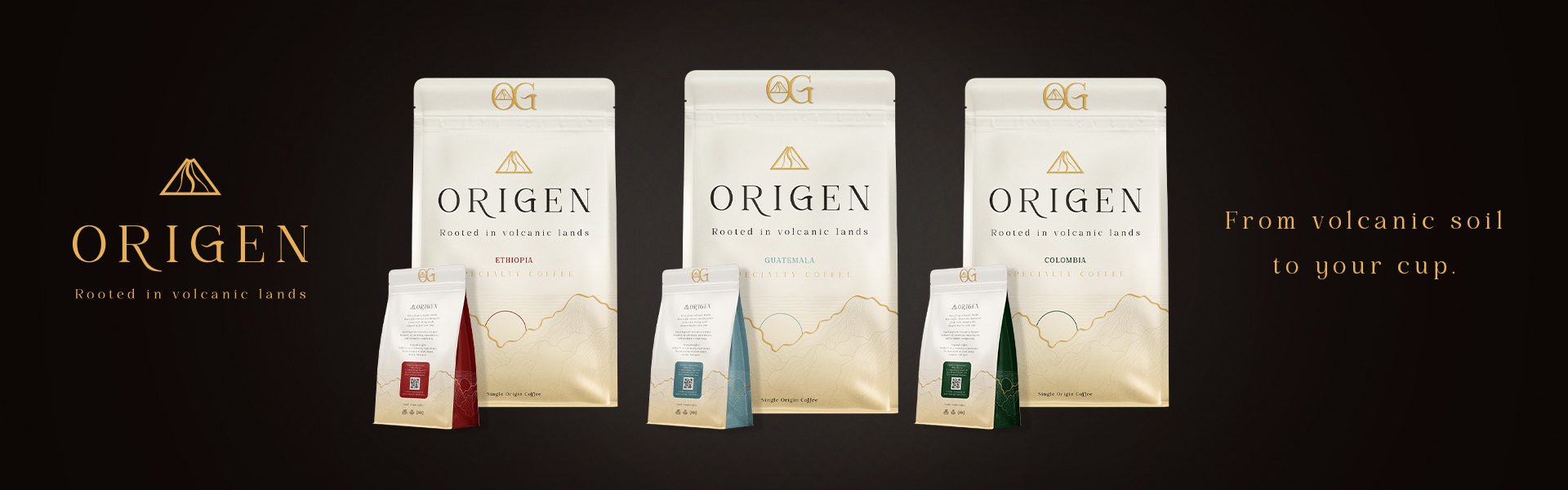Packaging café premium ORIGEN avec trois origines Guatemala Éthiopie et Colombie