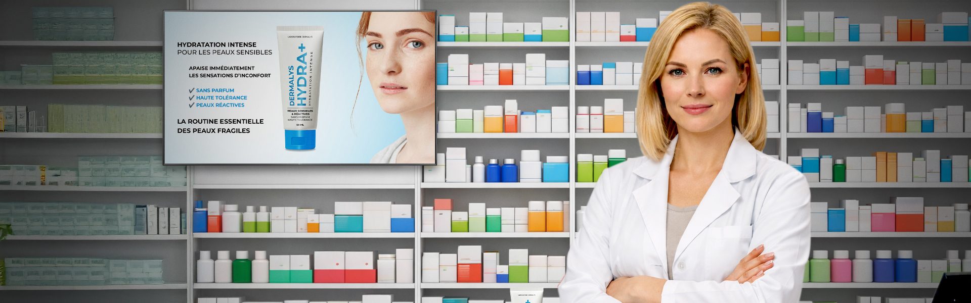 PLV pharmacie avec écran digital présentant un produit dermatologique en officine