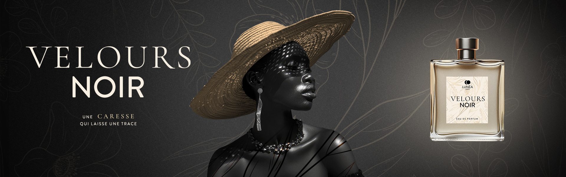 Packaging parfum luxe Velours Noir avec direction artistique premium et flacon de parfum haut de gamme