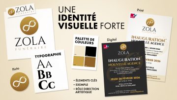 Exemple d’identité visuelle avec logo, typographie, palette de couleurs et supports print et digital pour une marque