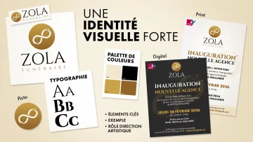 Exemple d’identité visuelle avec logo, typographie, palette de couleurs et supports print et digital pour une marque