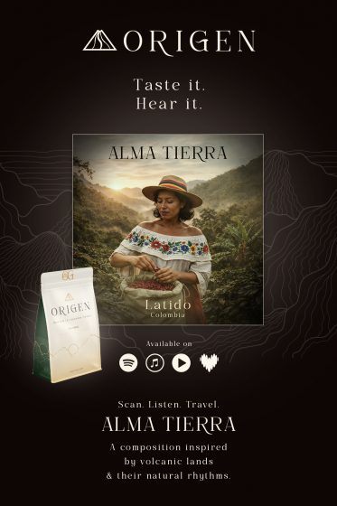 Packaging café Colombie ORIGEN avec expérience immersive Alma Tierra et interaction musicale du produit