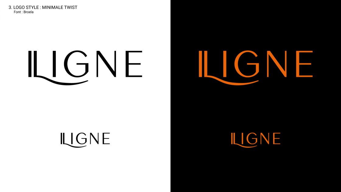 Logo style minimal avec twist pour la marque LIGNE, typographie fine et moderne avec une ligne courbe intégrée sous le mot, décliné en version noire et orange sur fond clair et sombre