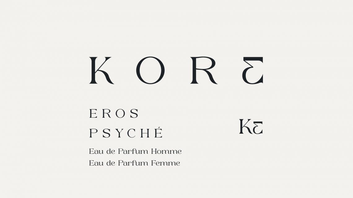 Planche d'identité visuelle de la marque KORE présentant le logo principal, le monogramme et la typographie utilisée pour les parfums Eros et Psyché.