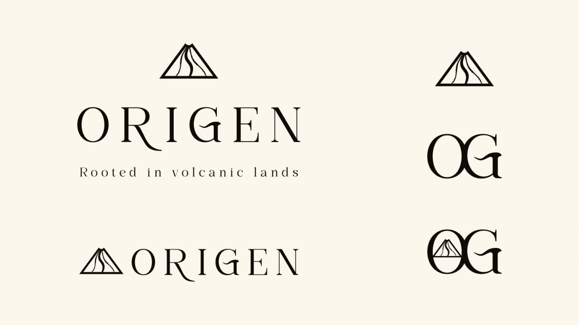 Logo ORIGEN avec symbole volcan et typographie élégante pour marque de café premium