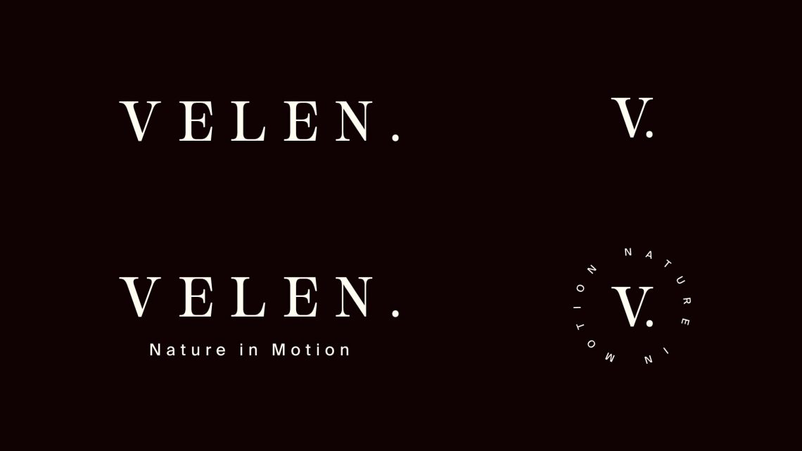 Identité visuelle de la marque VELEN. présentant le logo principal, la signature Nature in Motion et le monogramme utilisés sur les packagings cosmétiques éco-responsables