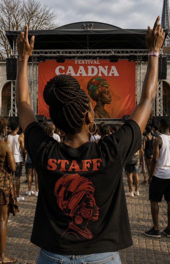 T-shirt staff du Festival CAADNA intégrant l'identité visuelle du festival avec illustration textile portée lors de l'événement