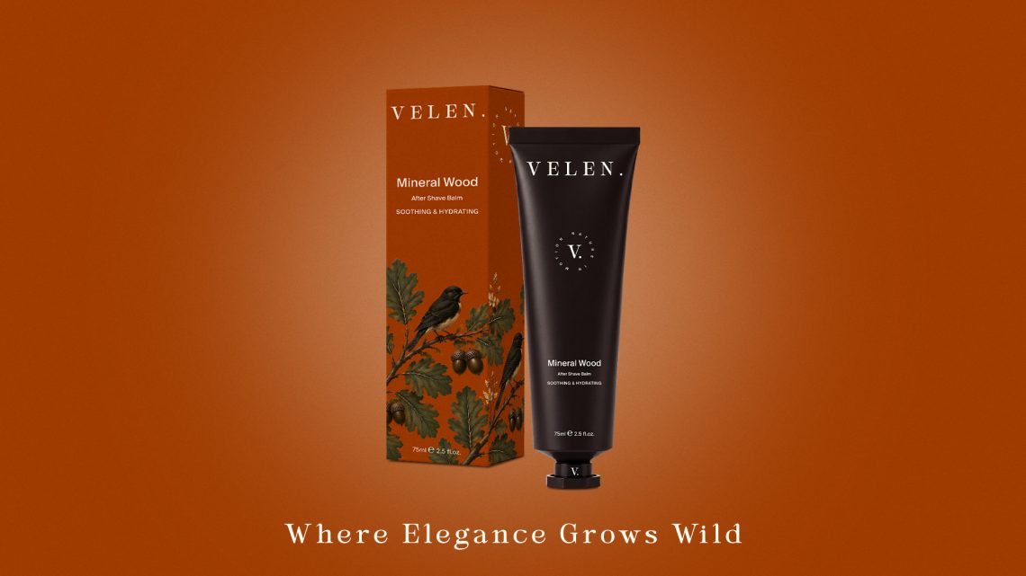 Packshot Mineral Wood présentant l'étui illustré et le tube d'après-rasage de la marque cosmétique VELEN.
