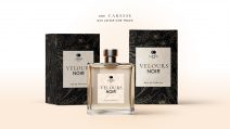 Mockup de packaging parfum luxe Velours Noir avec flacon et boîte dans un univers haut de gamme