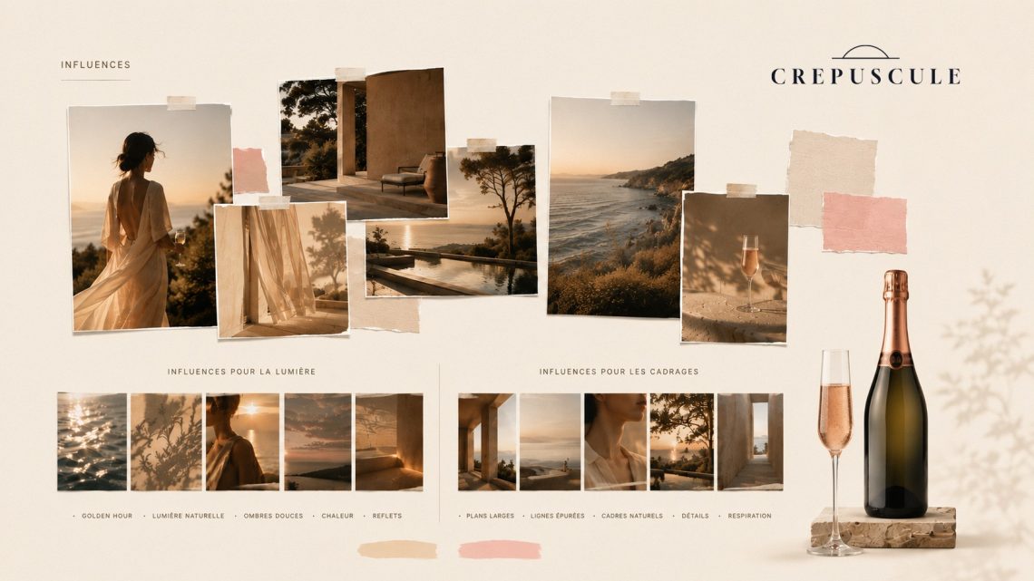Moodboard d'inspiration pour le packaging champagne Crépuscule réunissant des références de direction artistique, une lumière dorée, des paysages méditerranéens, un champagne rosé, des matières naturelles et une identité visuelle premium.