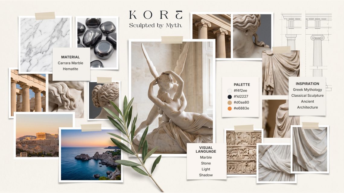 Moodboard du packaging parfum KORE présentant les inspirations mythologique, les sculptures, les couleurs, les matières et l'univers de la marque de whisky.