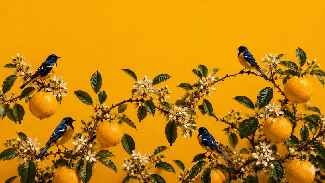Motif illustré Citrus Bloom composé de citronniers en fleurs, d'agrumes et d'oiseaux pour la gamme cosmétique premium VELEN.