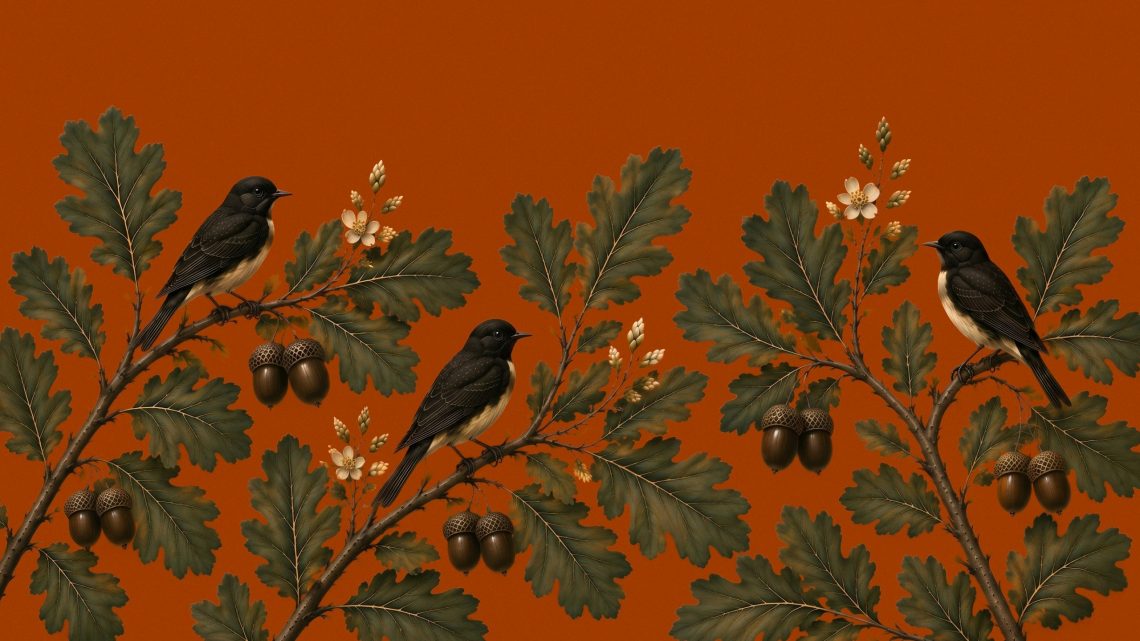 Motif illustré Mineral Wood composé de feuilles de chêne, de glands et d'oiseaux dans une palette orangée pour la marque VELEN.