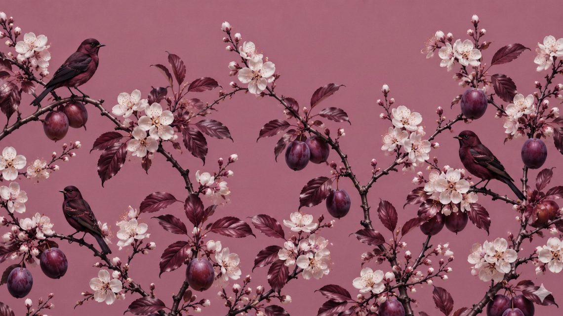 Motif illustré Velvet Garden composé de fleurs de prunier, de fruits et d'oiseaux dans des tonalités rose poudré pour la marque VELEN.