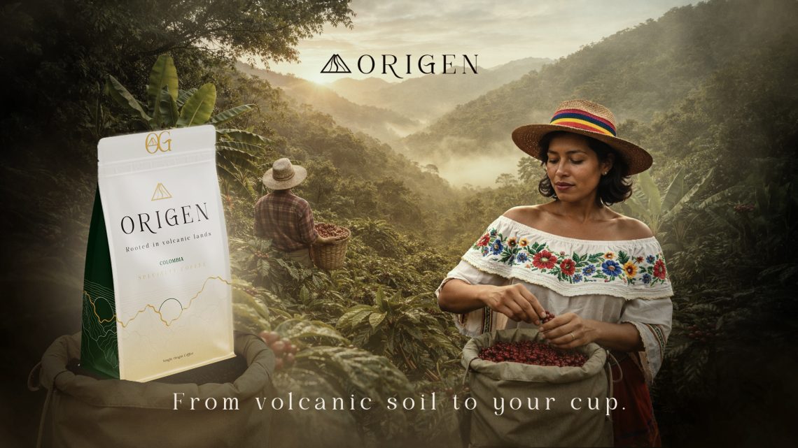 Univers visuel du packaging café Colombie ORIGEN avec plantation et ambiance naturelle