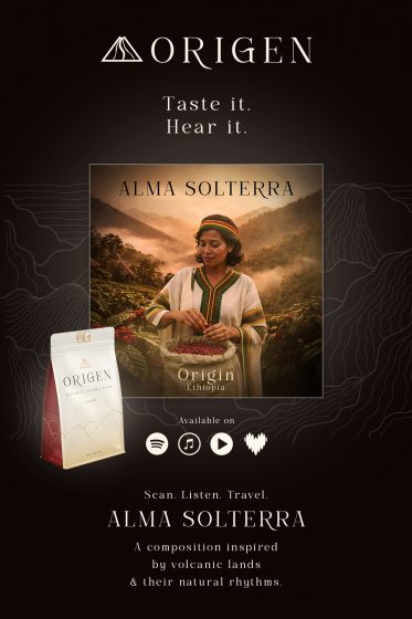 Packaging café Éthiopie ORIGEN avec concept sonore Alma Solterra et expérience sensorielle du café
