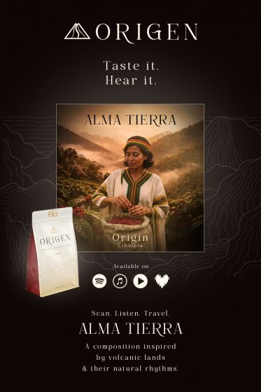 Packaging café Éthiopie ORIGEN avec concept sonore Alma Tierra et expérience sensorielle du café
