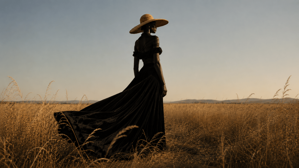Film publicitaire IA Velours Noir – femme en robe noire dans un champ au coucher du soleil