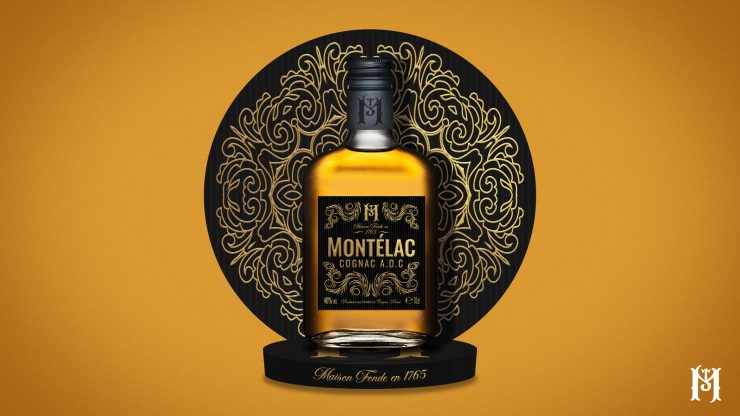 présentoir de comptoir luxe noir et or pour bouteille de cognac design premium Montélac