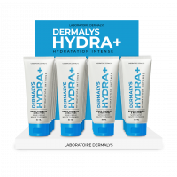 PLV de comptoir en pharmacie pour produit dermocosmétique Dermalys Hydra+