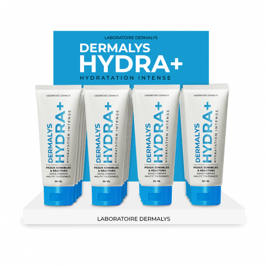 PLV de comptoir en pharmacie pour produit dermocosmétique Dermalys Hydra+
